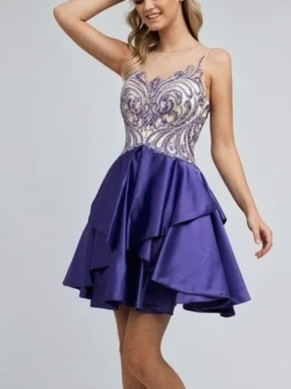 Purple Embellished Mini Dress with Layered Skirt
